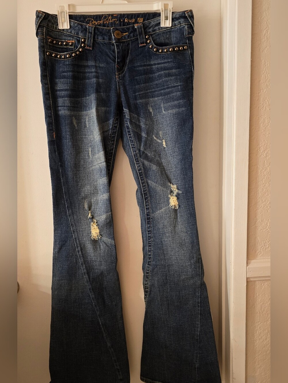 Revolution Dark Blue Distressed Flare Jeans with Studded Pockets